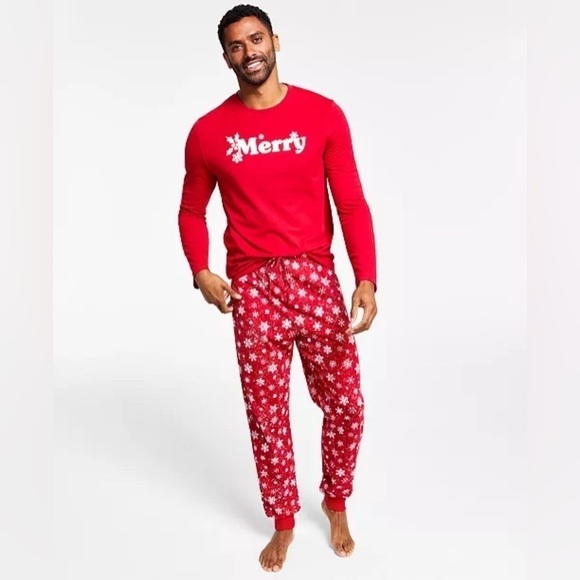 Macy’s Family PJ’s Matching Men's Merry Snowflake Red Christmas Holiday Pajamas - Picture 1 of 14